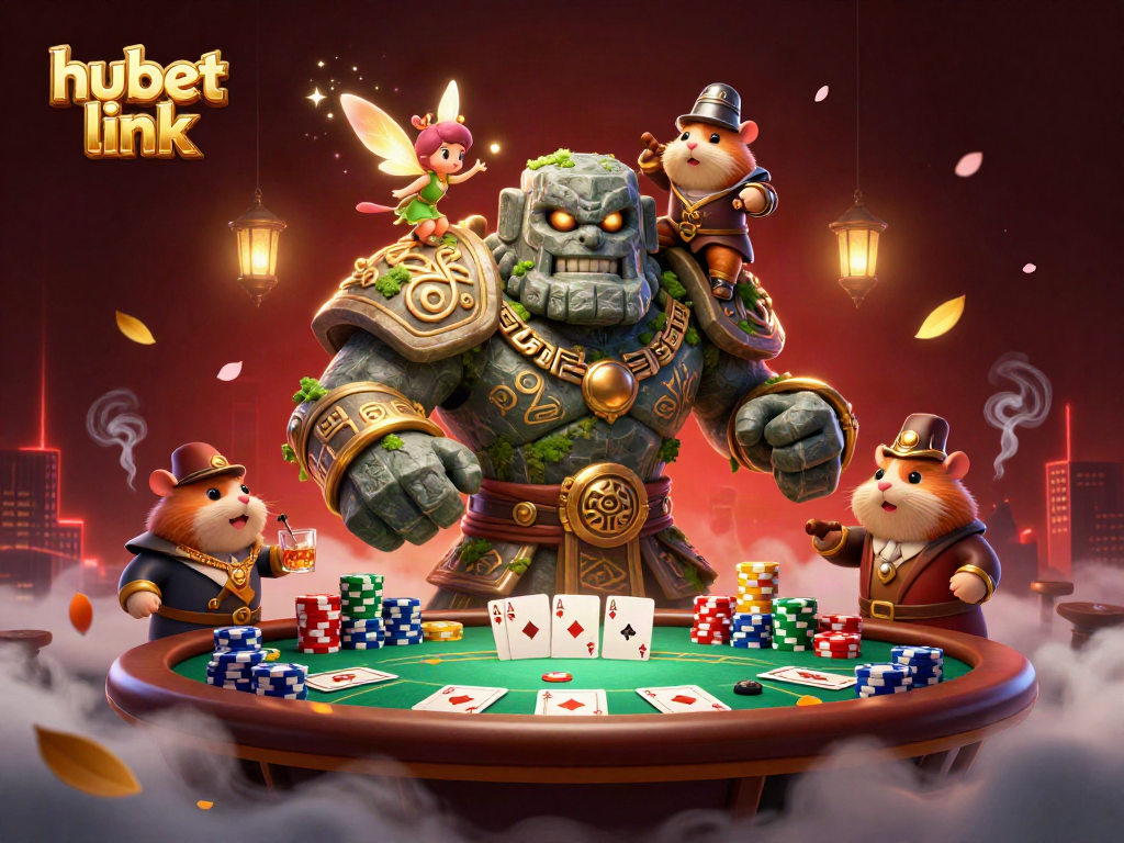 Experience the hubet link action with a golem guardian, fairy magic, and poker elements in a vibrant scene.