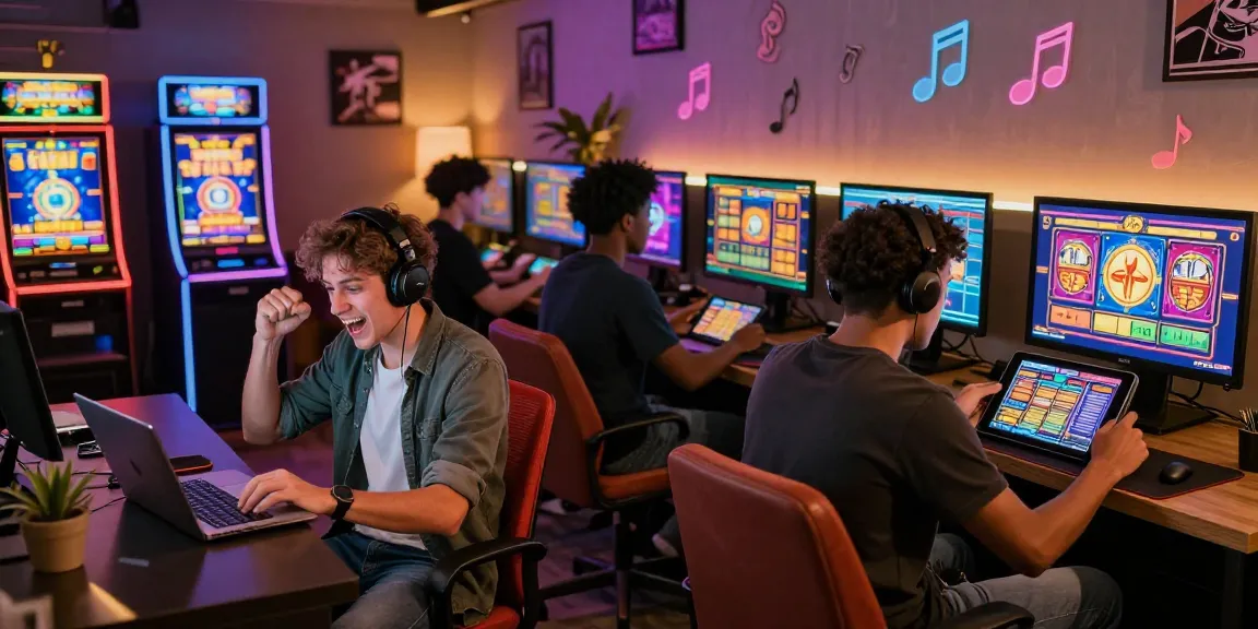 Exciting online gaming atmosphere showcasing players enjoying slot gacor games, celebrating wins with modern devices and vibrant decor.
