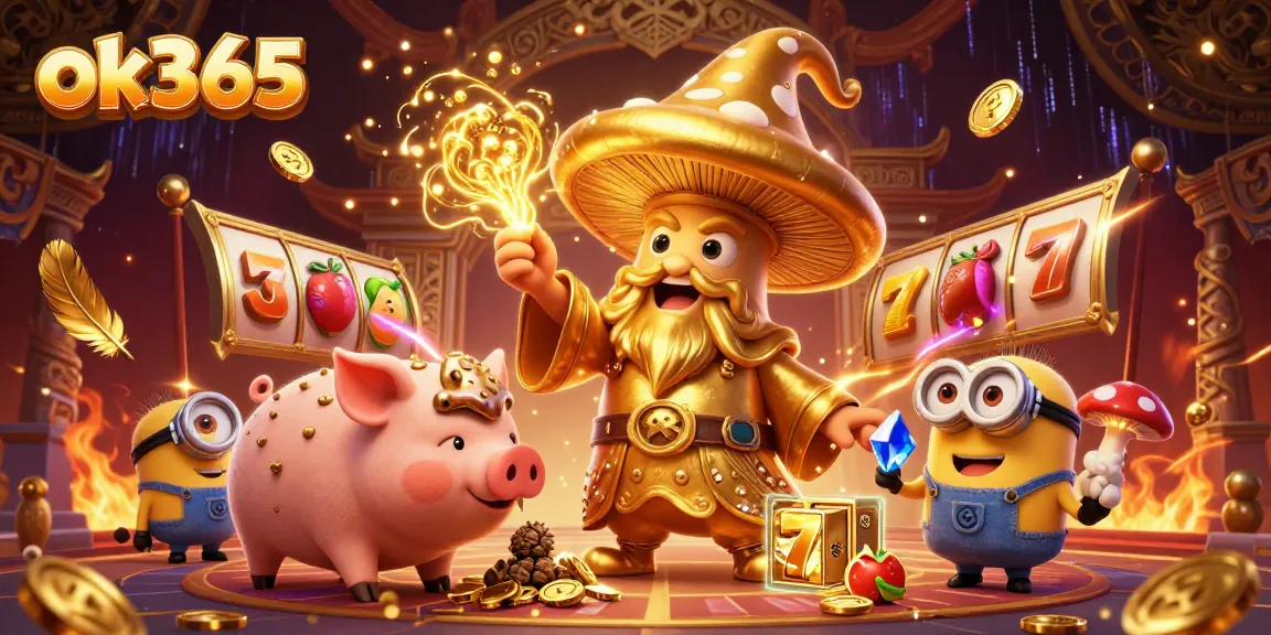 Experience the magic of ok365 with a golden wizard turning treasures in an immersive casino atmosphere.