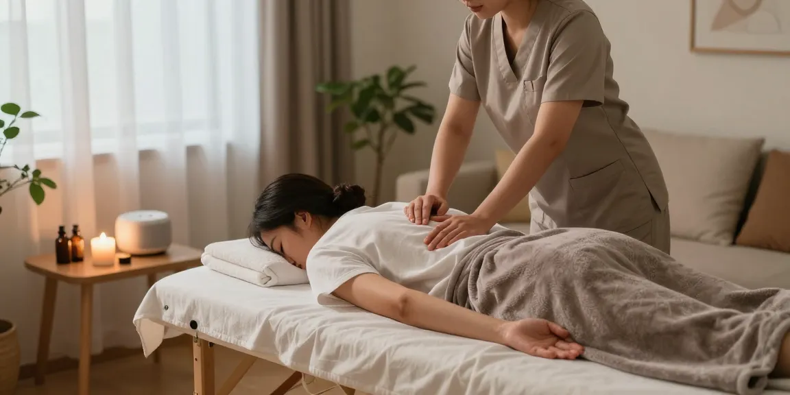 Experience a relaxing 구리출장마사지 at home with a professional therapist, soothing atmosphere with candles and plants.