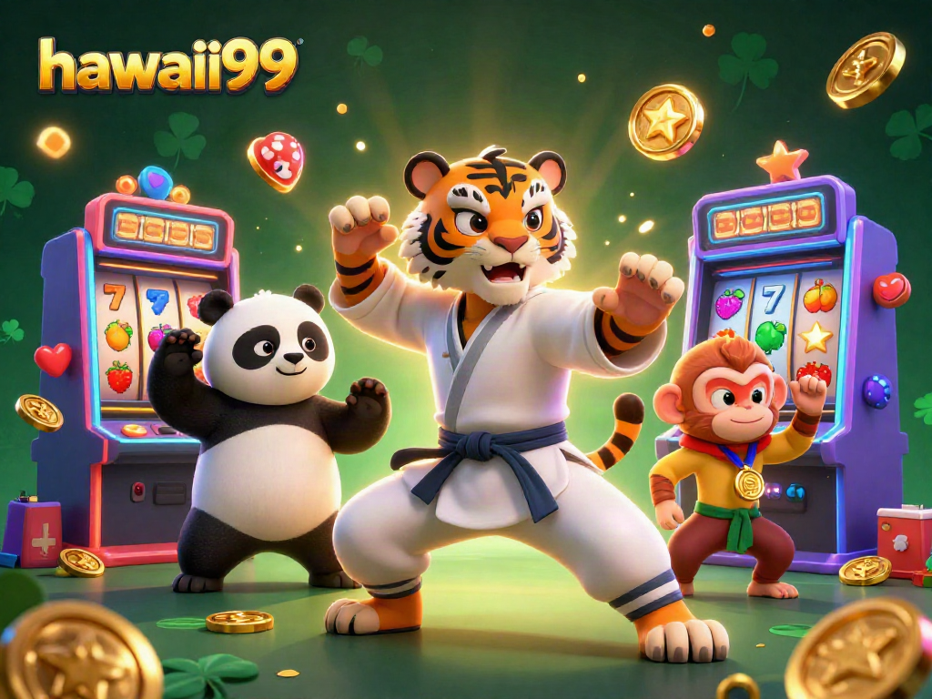 Engage with hawaii99's vibrant casino experience, featuring playful characters and dynamic slot elements.