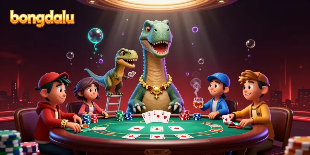 Bongdalu's lively poker scene featuring a massive brontosaurus and a raptor dealer, showcasing vibrant gambling elements.