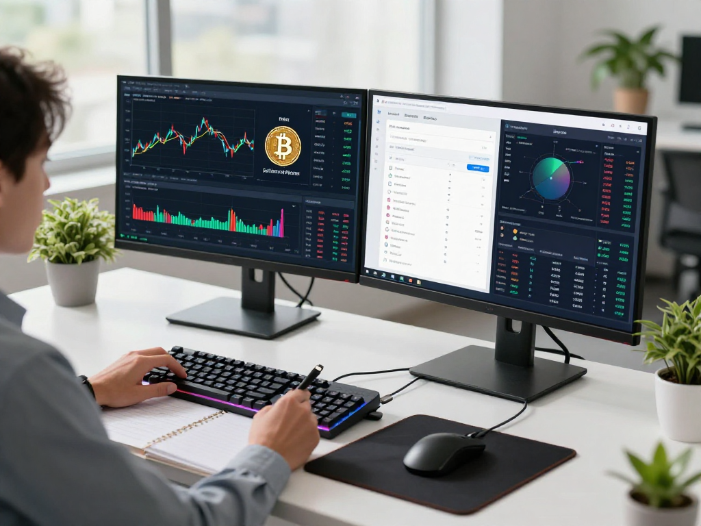 metatrader 5 官网的多屏幕加密货币交易工作环境，展示实时比特币价格图表和DeFi分析仪表盘
