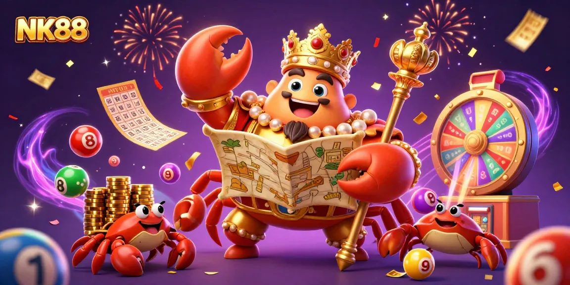 Experience thrilling gameplay at NK88 with a golden crab emperor among vibrant lottery elements.