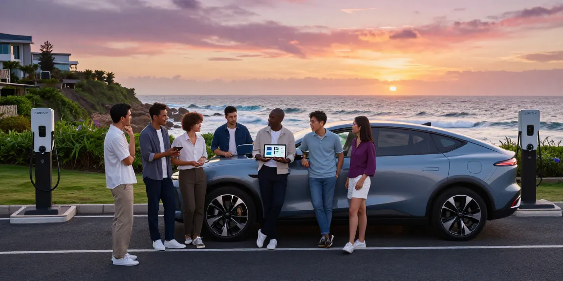 Innovative electric vehicle showcasing advanced EV technology with diverse professionals discussing battery performance at sunset by the coast.