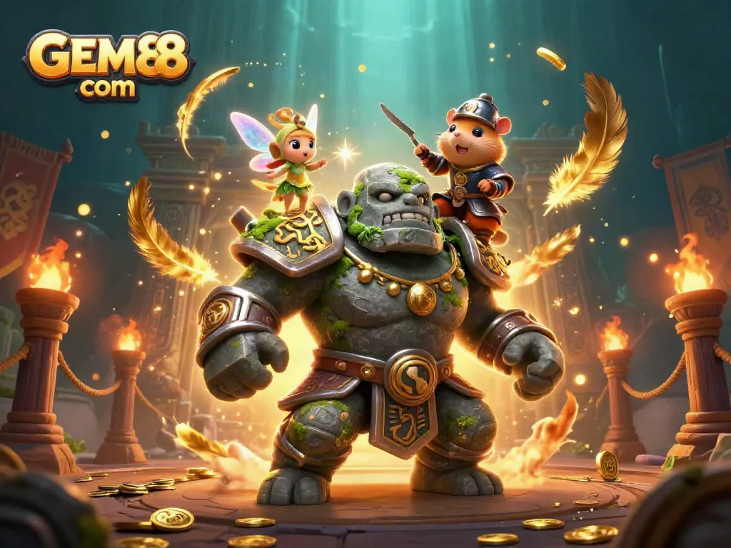 Experience the excitement of GEM88 com with vibrant characters and casino elements in an enchanting illustration.