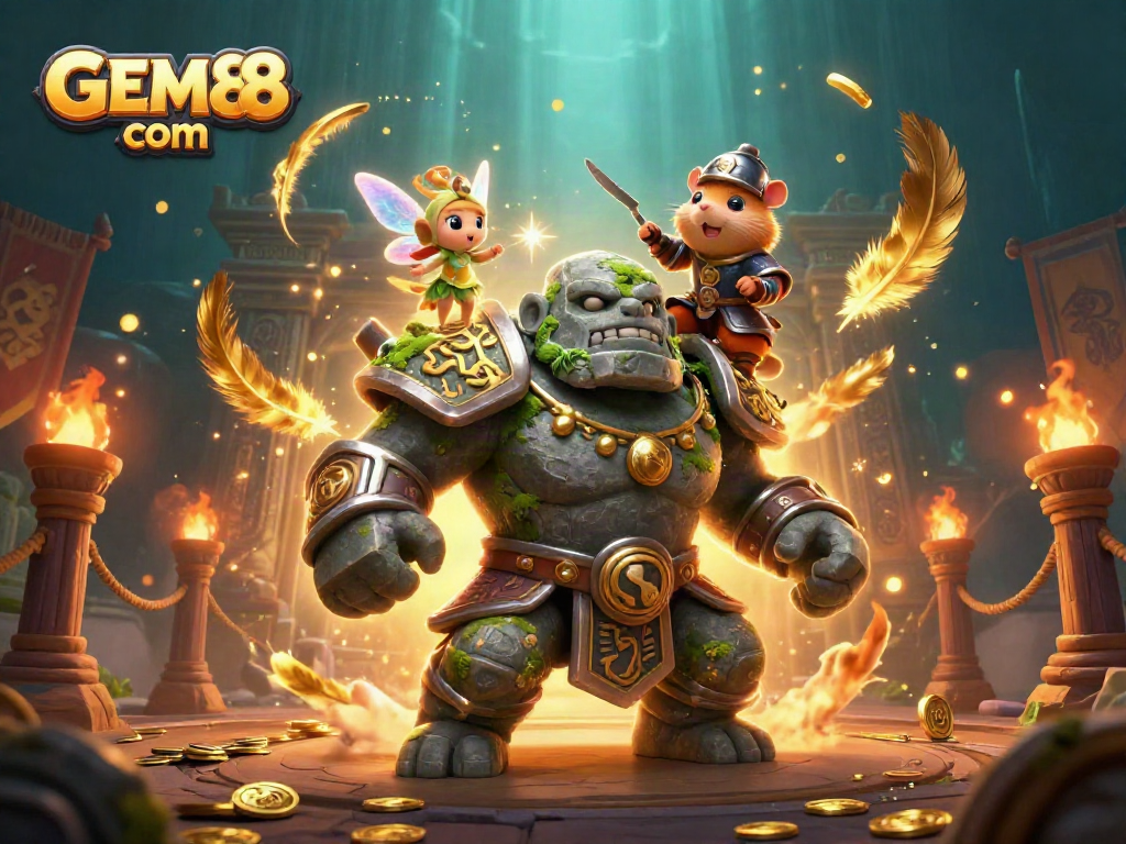 Experience the excitement of GEM88 com with vibrant characters and casino elements in an enchanting illustration.