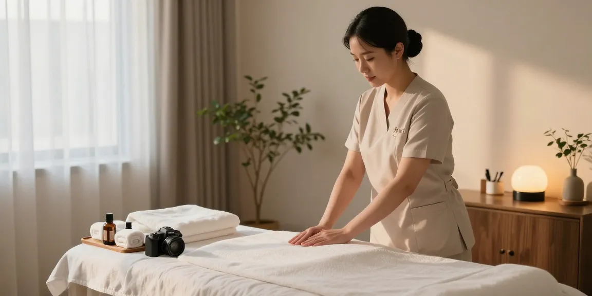남양주출장마사지 in a tranquil spa setting with a licensed therapist preparing for a session.