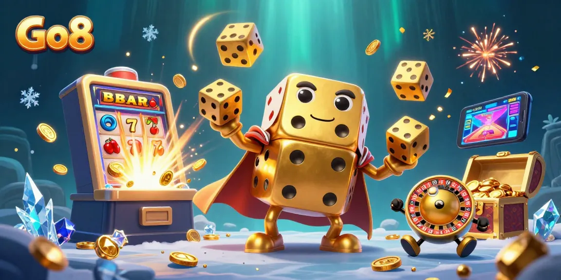 Experience Go8's vibrant casino world with golden dice, jackpots, and lively game elements.