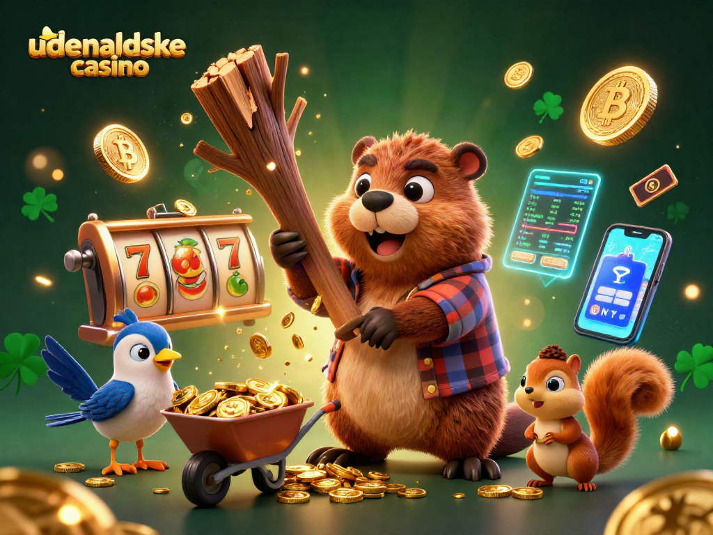 Engage with udenlandske casino features in this lively illustration of a beaver, bird, and squirrel enjoying casino fun.