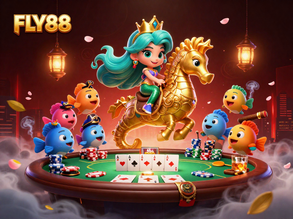 Experience exciting wins at FLY88 with this vibrant casino-themed illustration featuring dynamic characters and game elements.