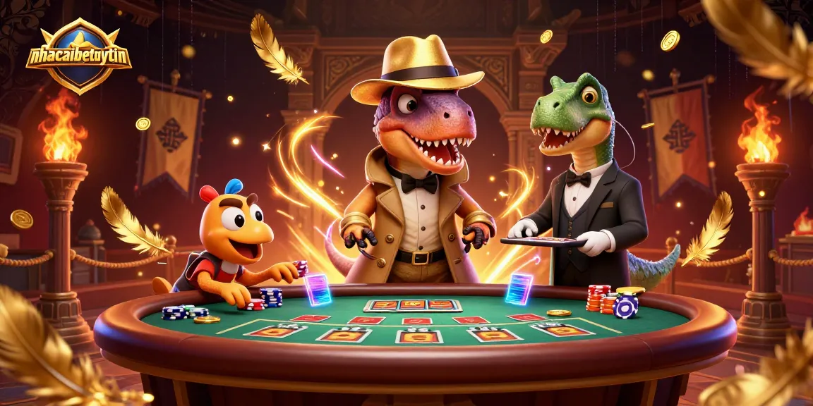 nhacaibetuytin showcases a vibrant casino scene with a velociraptor card counter and unique gaming elements.