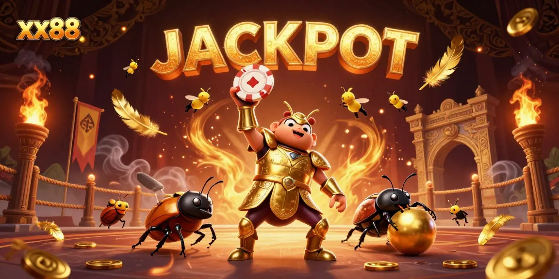 Experience the excitement of xx88 with a victorious beetle lifting a poker chip, celebrating wins!
