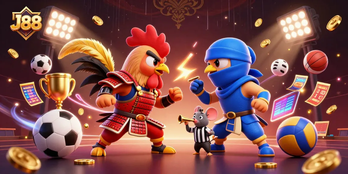 Engage with J88's thrilling casino scene featuring duelistic roosters and dynamic sports elements.