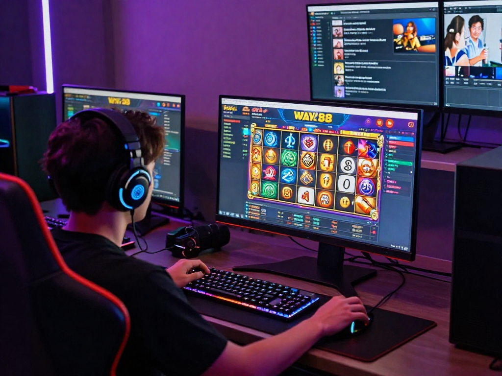 Slot88 gaming scene with a player enjoying colorful reels and immersive online experience
