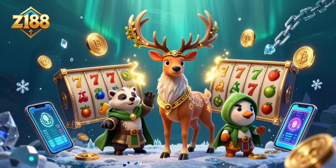 Witness the excitement of z188 with a vibrant scene of a Celtic druid stag, jackpots, and glowing crypto elements.