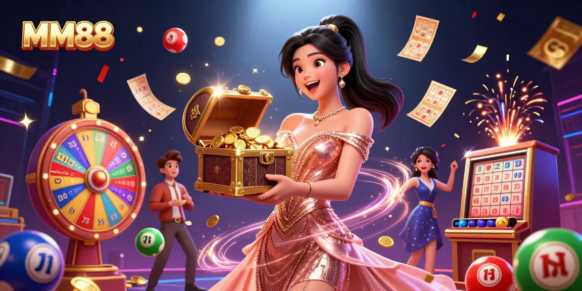 Experience MM88's excitement with a stunning treasure chest overflowing with winnings amidst a vibrant lottery scene.