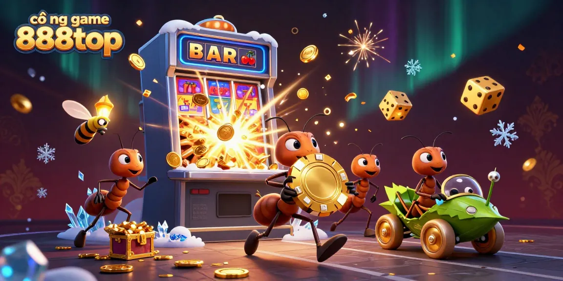 Experience thrilling gaming at cổng game 888top with ants carrying a giant poker chip in a vibrant casino adventure.