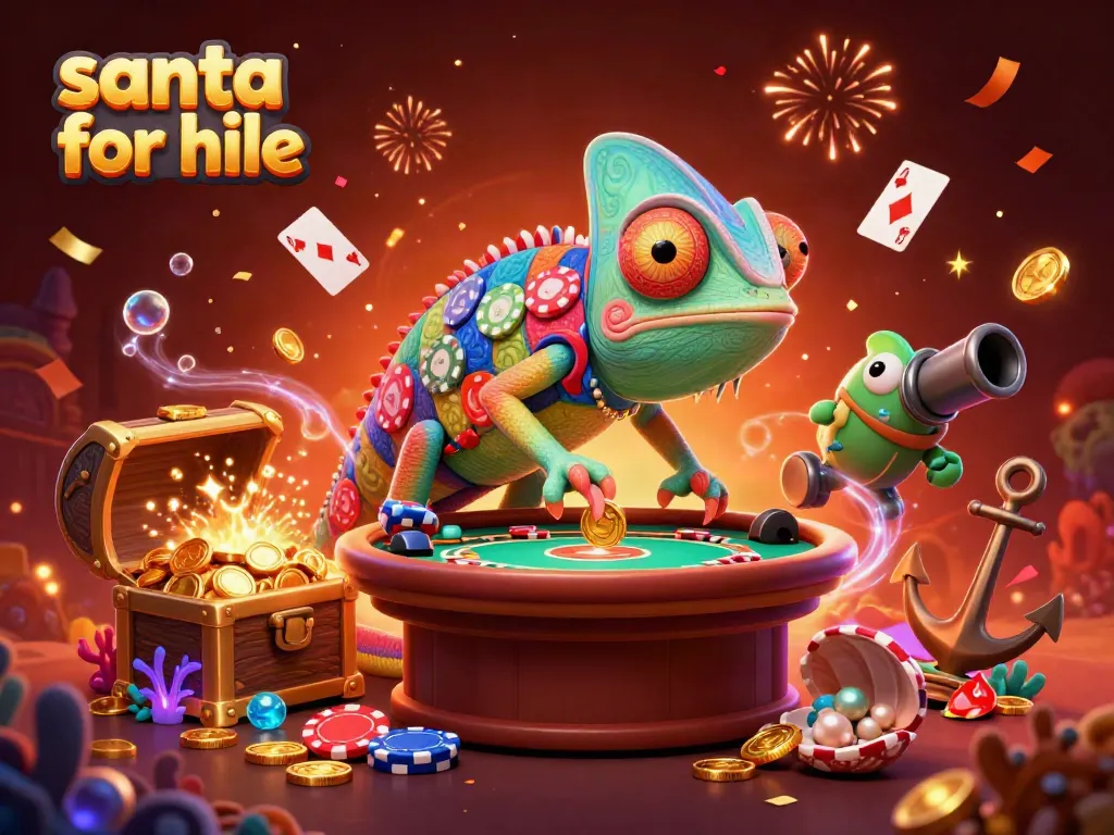 Engaging scene of chameleon casino owner amid gold coins and festive decorations for Santa for Hire events