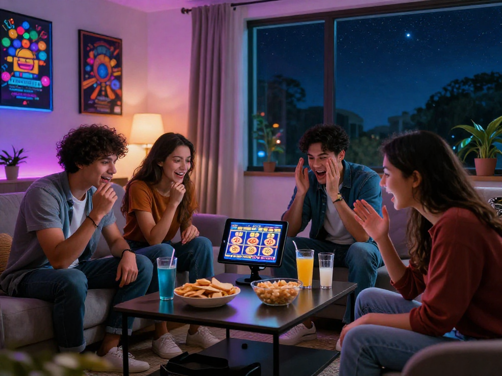 Friends enjoying a vibrant home gaming night playing slot88 on a tablet with excitement