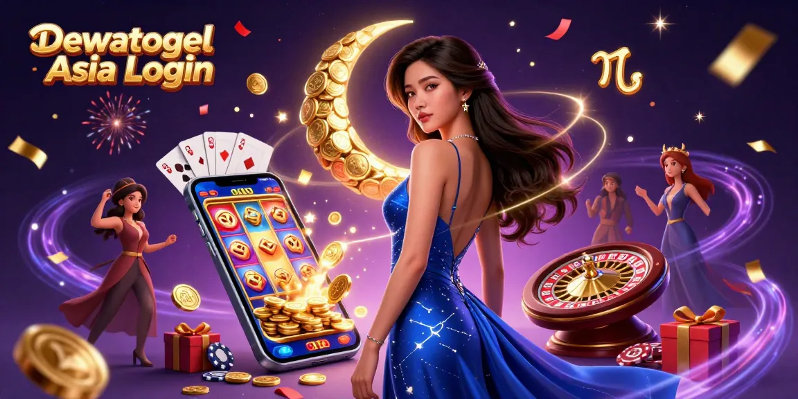 Dewatogel Asia Login showcases a vibrant casino scene with an elegant woman, playing cards, and golden coins raining down.