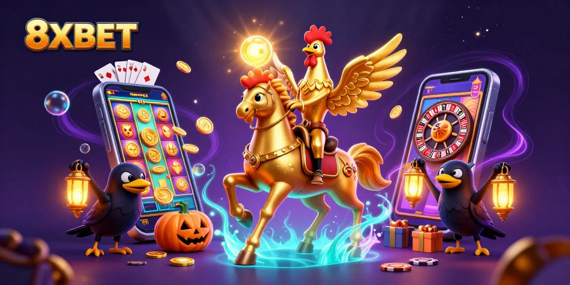 Experience the thrill of 8XBET with a vibrant casino scene featuring a golden rooster and his companions.