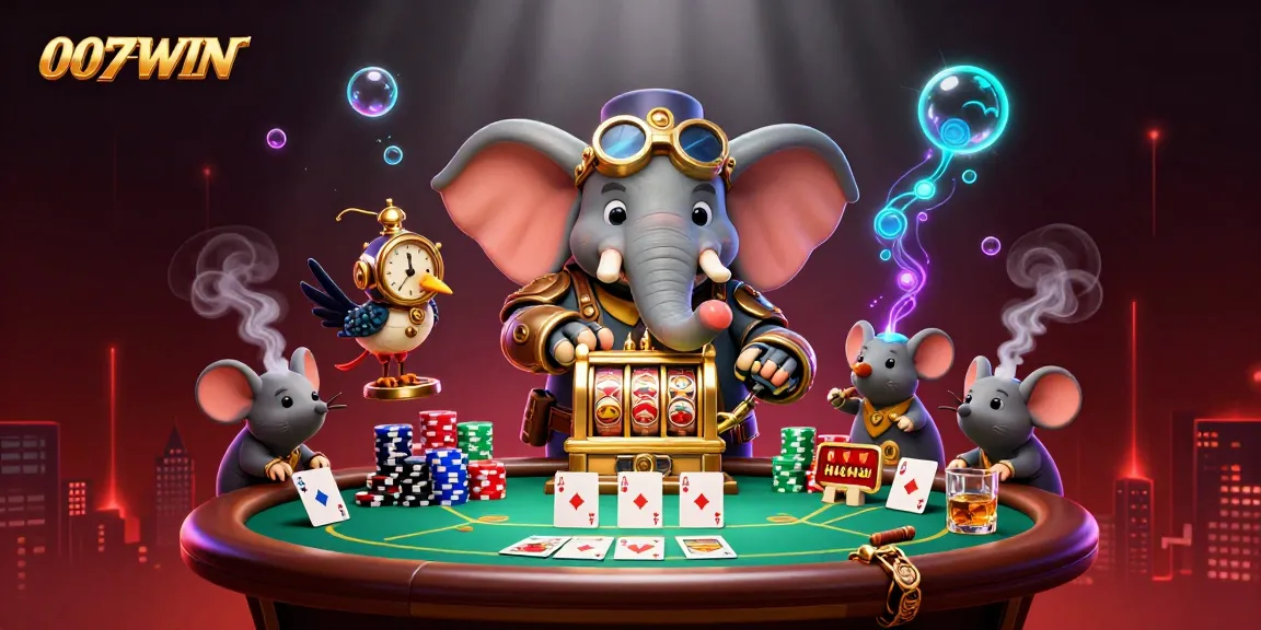 Engage in thrilling gameplay at 007WIN with a steampunk elephant operating a slot machine.