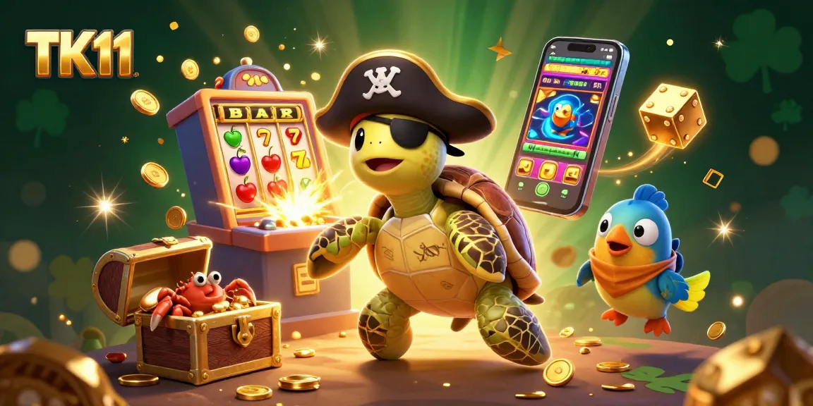 Experience the excitement at TK11 with a vibrant showdown of characters and casino elements floating above treasure.