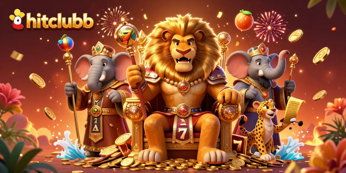 Hitclubb celebrates thrilling gameplay with a lion king, elephant advisor, and cheetah messenger.