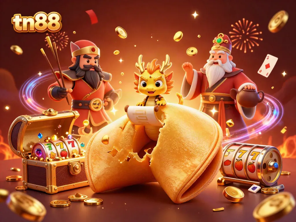 Engage in thrilling gameplay at tn88 with a vibrant casino scene featuring a giant fortune cookie and dazzling elements.
