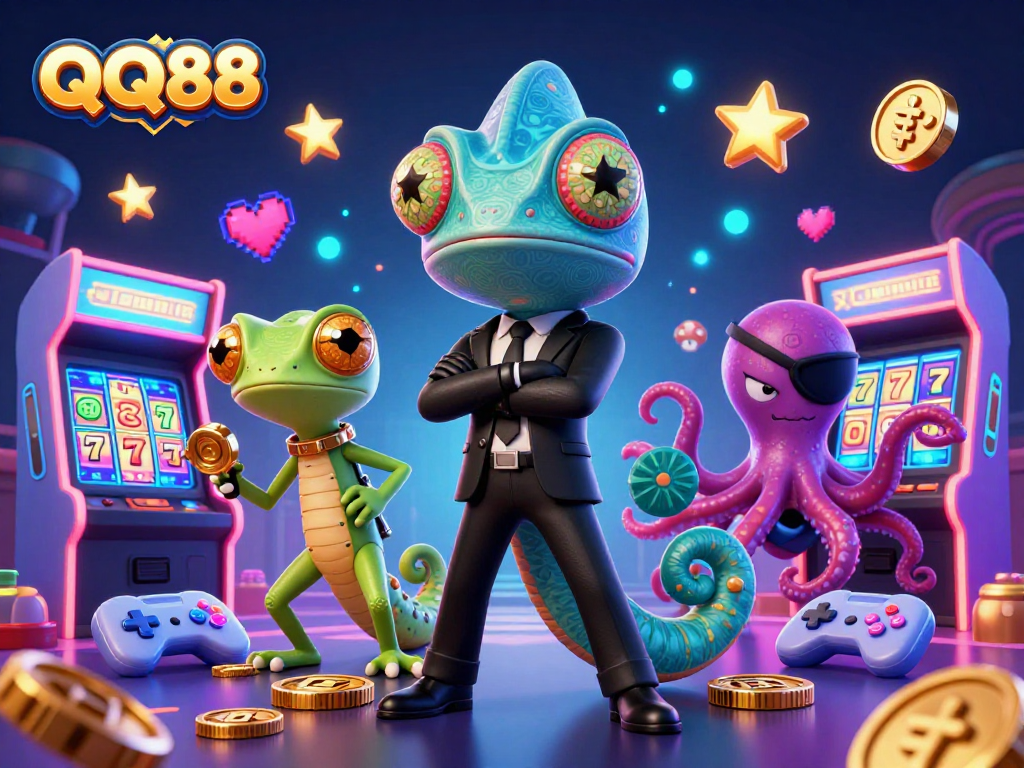 Experience the excitement of QQ88 with colorful casino games in a vibrant 3D digital scene.