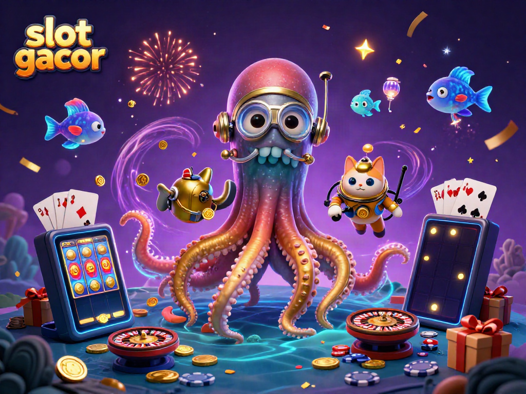Experience slot gacor excitement with a kraken, diving cat, vibrant games, and gold coins.