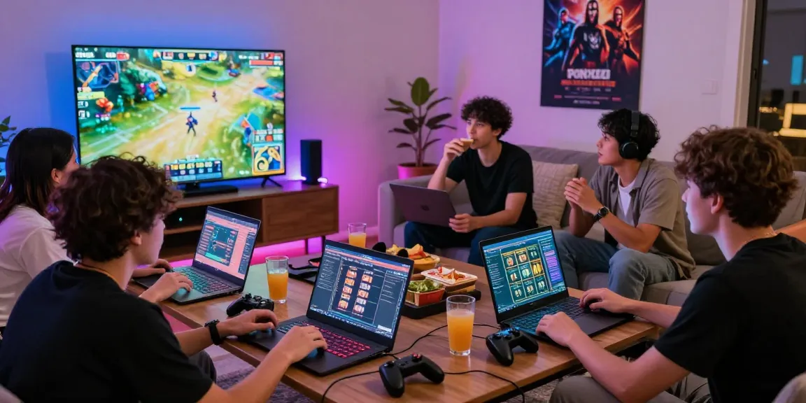 Friends enjoying a gaming night exploring rokok88 rtp slot features together.