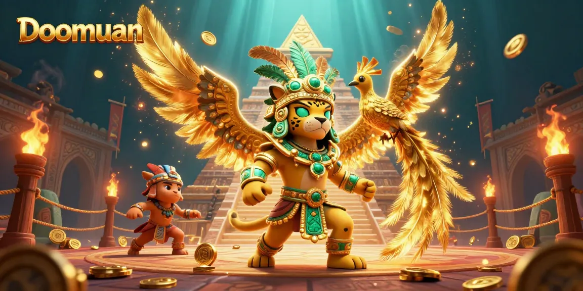 Doomuan captures the excitement of live sports betting with a vibrant, energetic 3D scene featuring a Mayan jaguar priest, quetzal bird, and rich gambling elements.