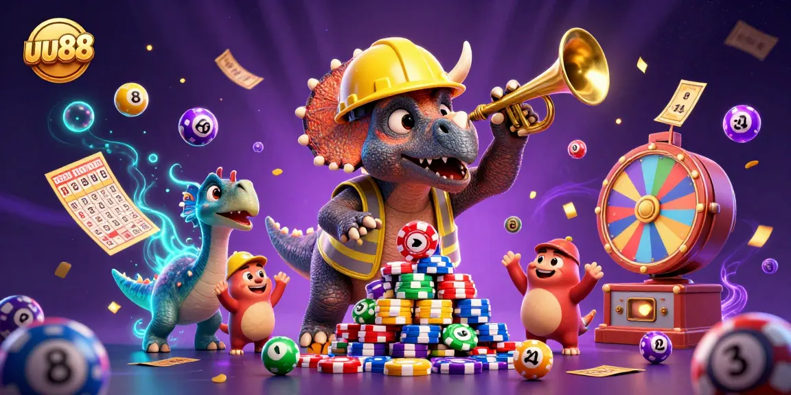 uu88 players celebrating with vibrant lottery elements and a lively casino atmosphere