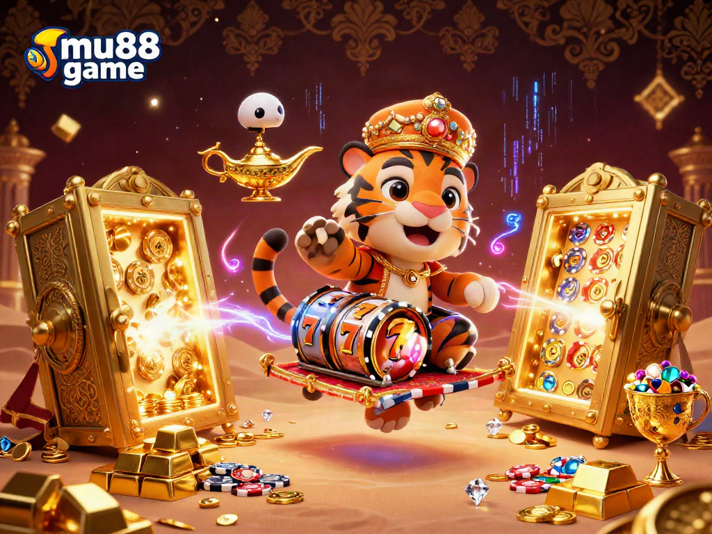 Experience the thrill of the mu88 game with a vibrant scene depicting a sultan, a genie, and dazzling slot elements.