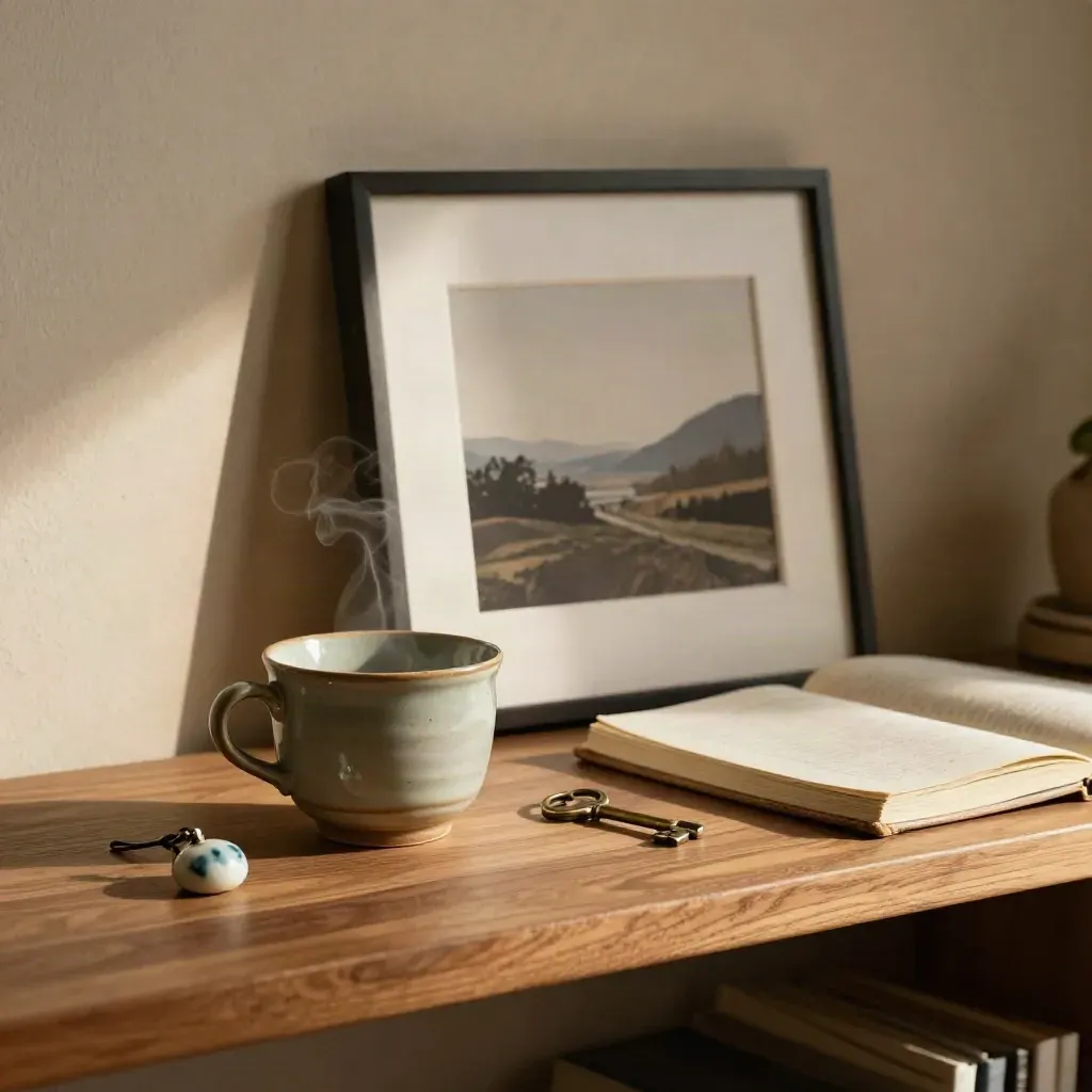 Sunlit shelf vignette with framed print, cup, linen notebook, and keepsakes.