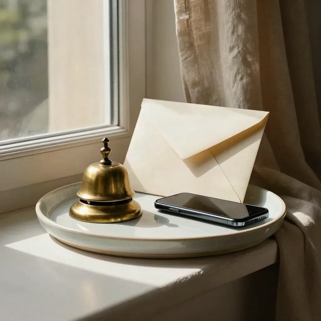 Sage tray, brass bell, sealed envelope, and face-down phone on a sunlit plaster ledge