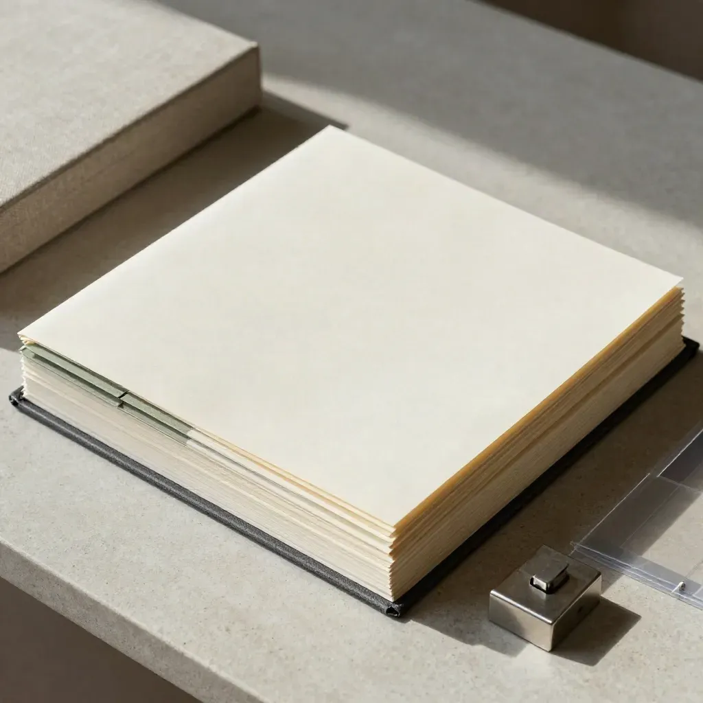 Overhead portfolio dossier with tabs and contact sheets on a pale stone table