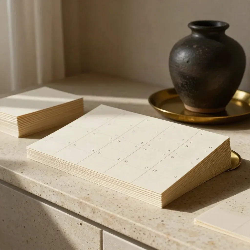 Brass tray, invitation cards, and blank date tiles in a moody studio alcove.