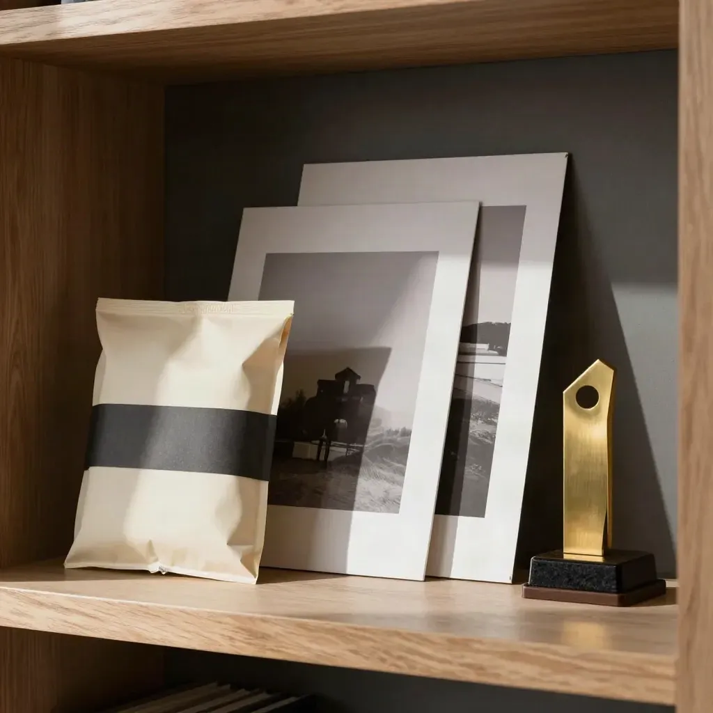 Brass award, sealed packet, and two project prints on a charcoal shelf in soft daylight.