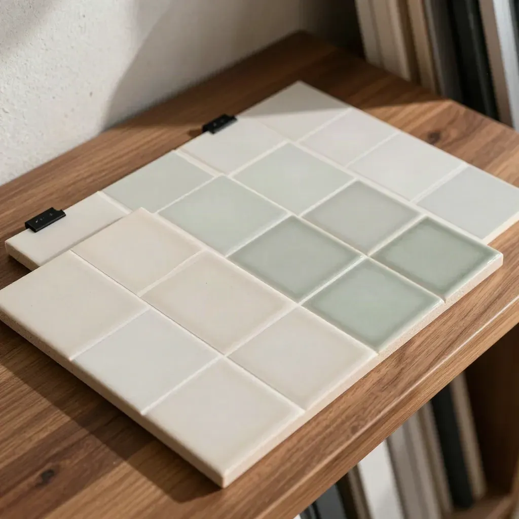 Macro still life of web designer paper grids, ceramic tiles, sage swatches and black clips.