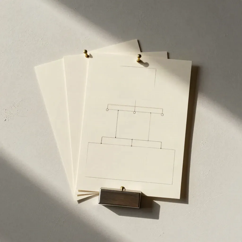 Overhead planning still life of blank cards, brass pins, thread, and a paperweight on pale plaster.