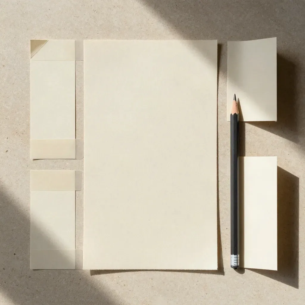 Overhead flatlay of ivory paper panels, adhesive tabs and a graphite pencil on stone.