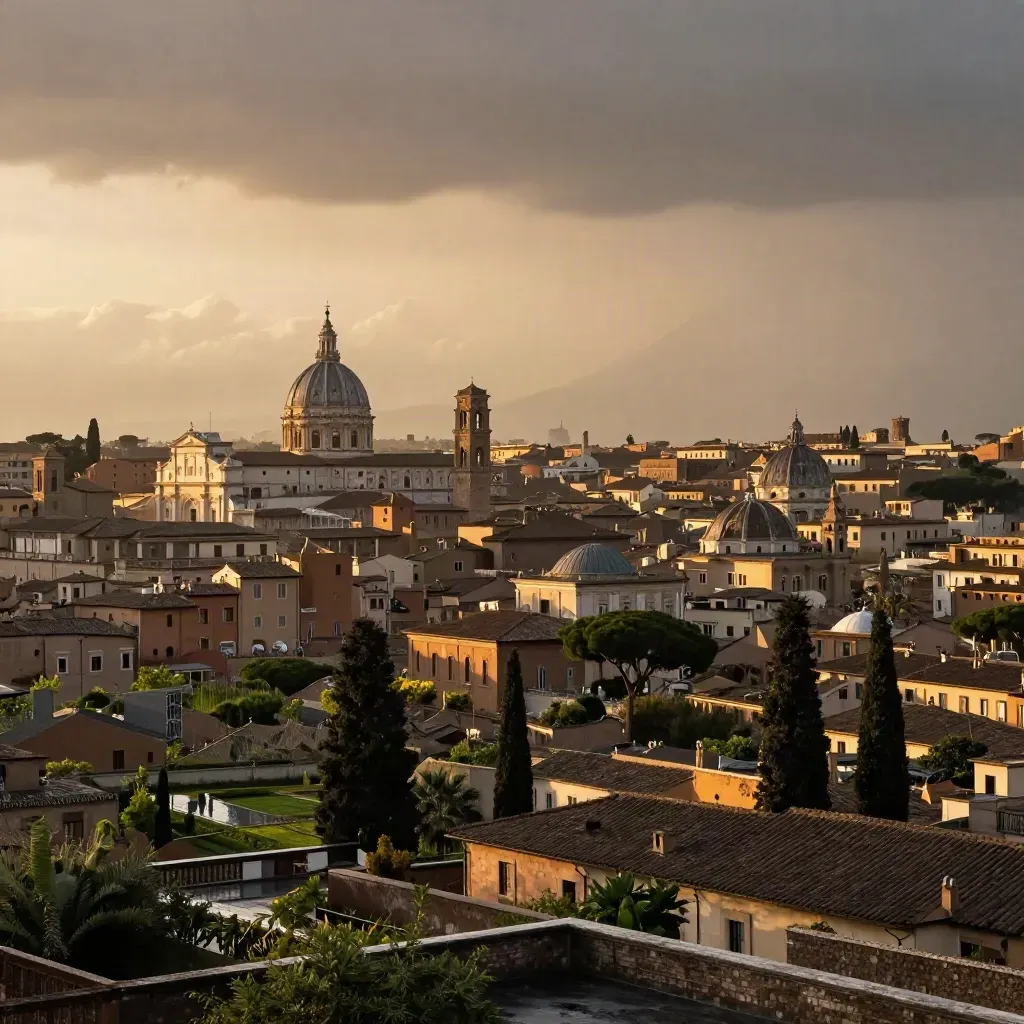 Rome domes and cypresses glow after a summer storm in warm golden haze.