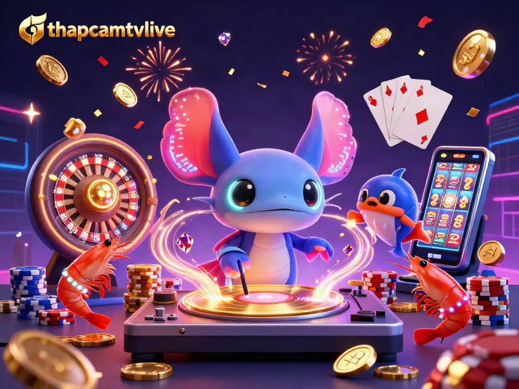 Experience thapcamtvlive with a vibrant 3D scene showcasing a colorful axolotl DJ and lively characters