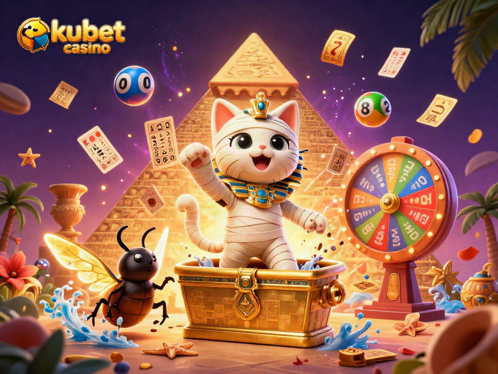 Engage in thrilling gameplay with kubet casino as the cat bursts through the sarcophagus, surrounded by lottery excitement.