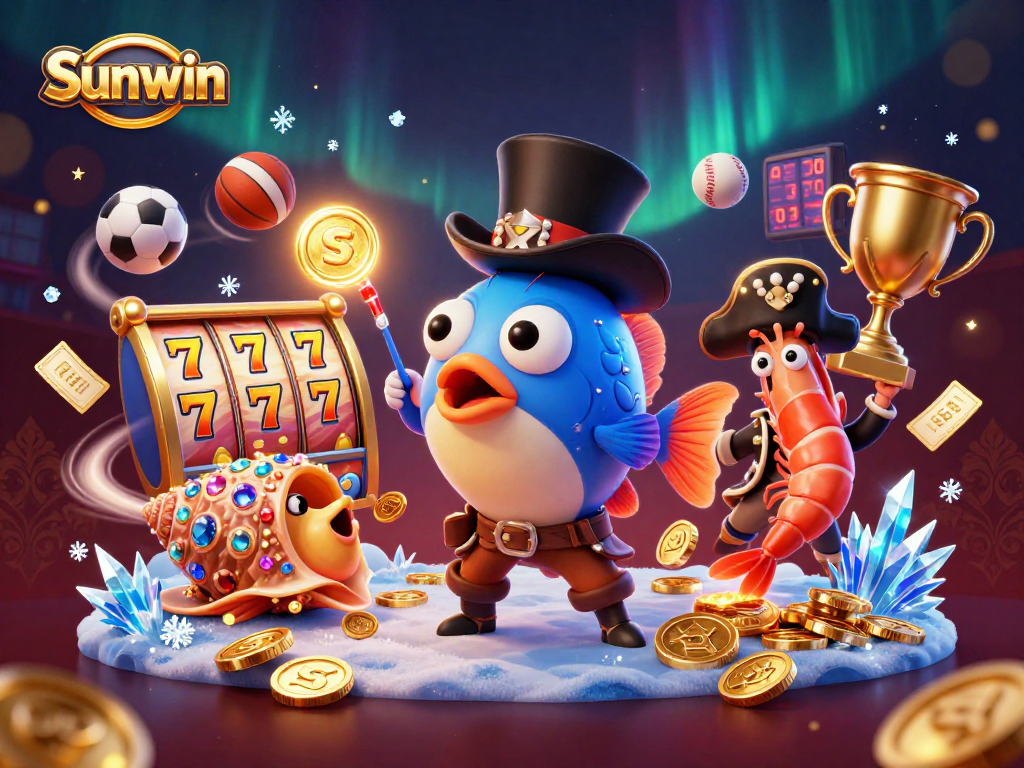 Win at Sunwin with colorful casino characters collecting gold coins in a vibrant gaming scene