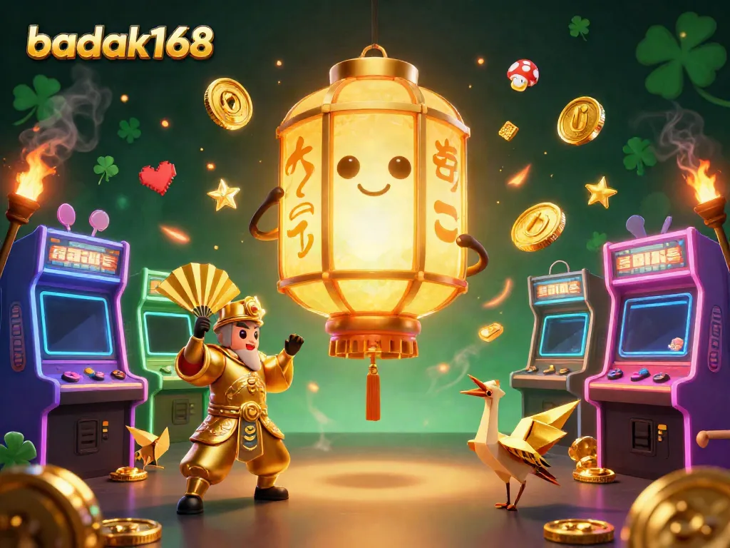 Gambarkan suasana kasino yang meriah dengan badak168, karakter berwarna emas, dan elemen game yang dinamis.