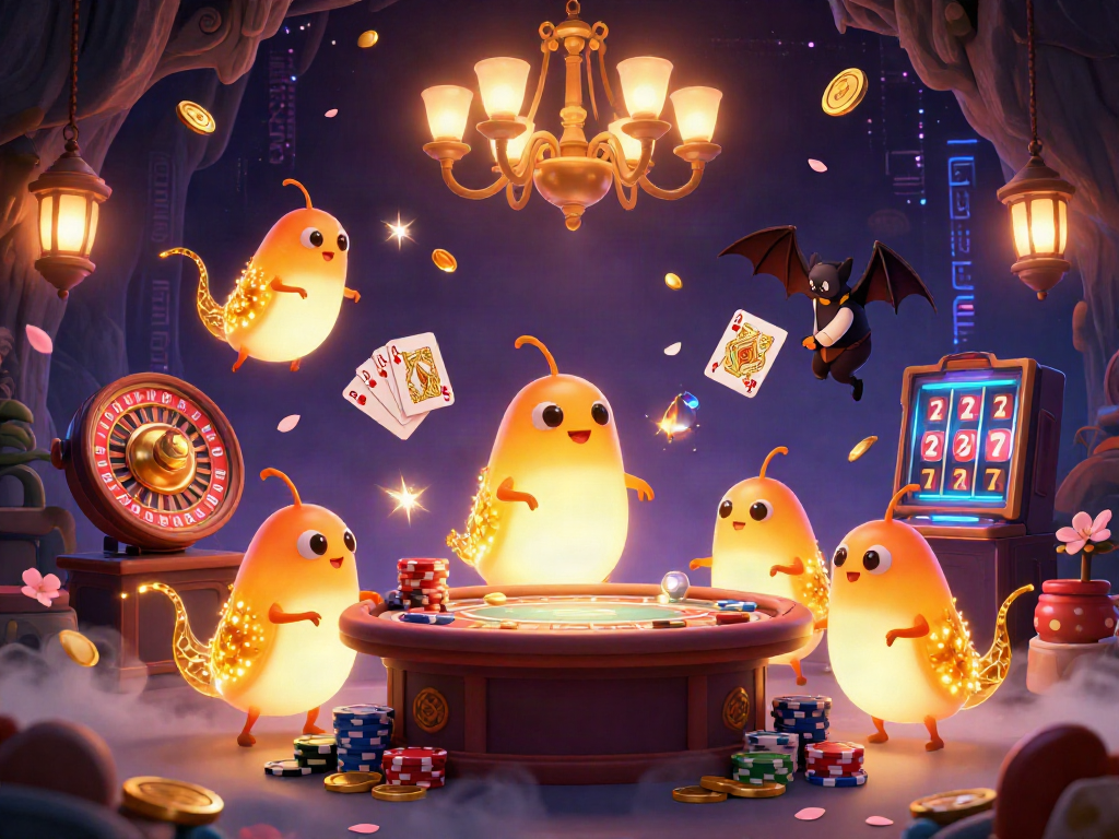 VIP66 glowworms illuminating a vibrant cave casino scene filled with casino games and treasures.